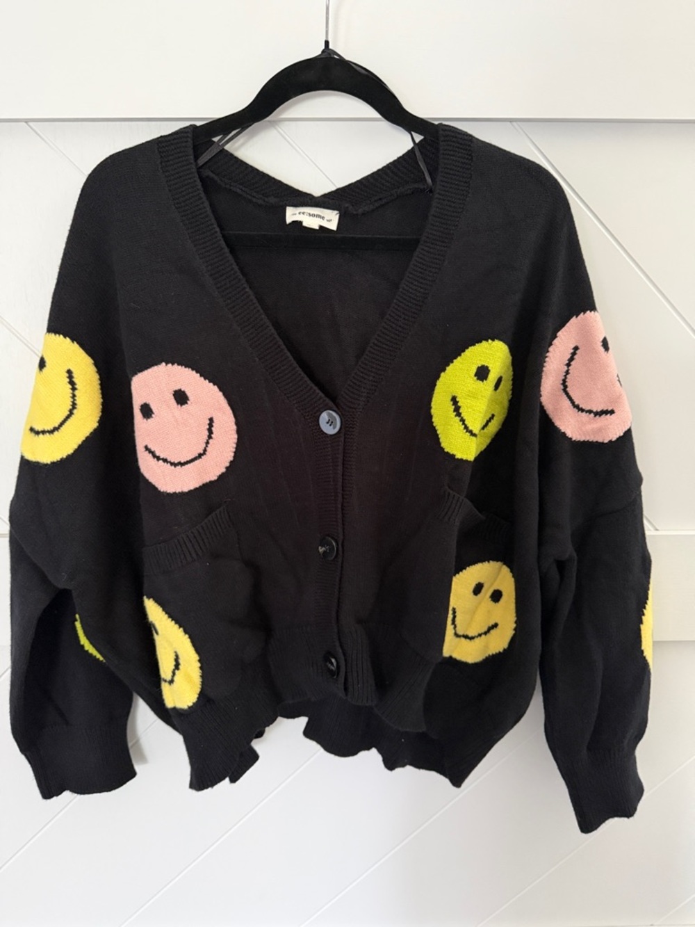 eesome Black Smiley Face Button-Up Oversized Cardigan - Pink & Yellow - M/L